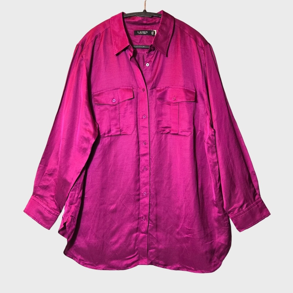 Ralph Lauren Linen Blend Satin Long Sleeve Button Up Shirt Pink 2X Office NWT